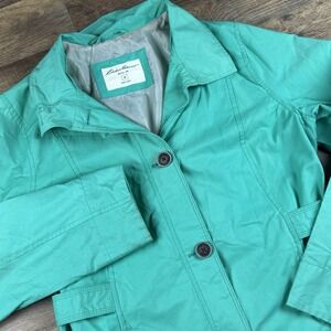 Eddie Bauer Trench Coat Jacket Womens‎ Green Petite Size M Belted Mid Length